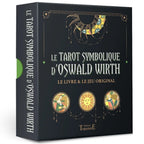 Coffret « Le Tarot symbolique d’Oswald Wirth », fond noir avec motifs dorés et trois médaillons illustrés.