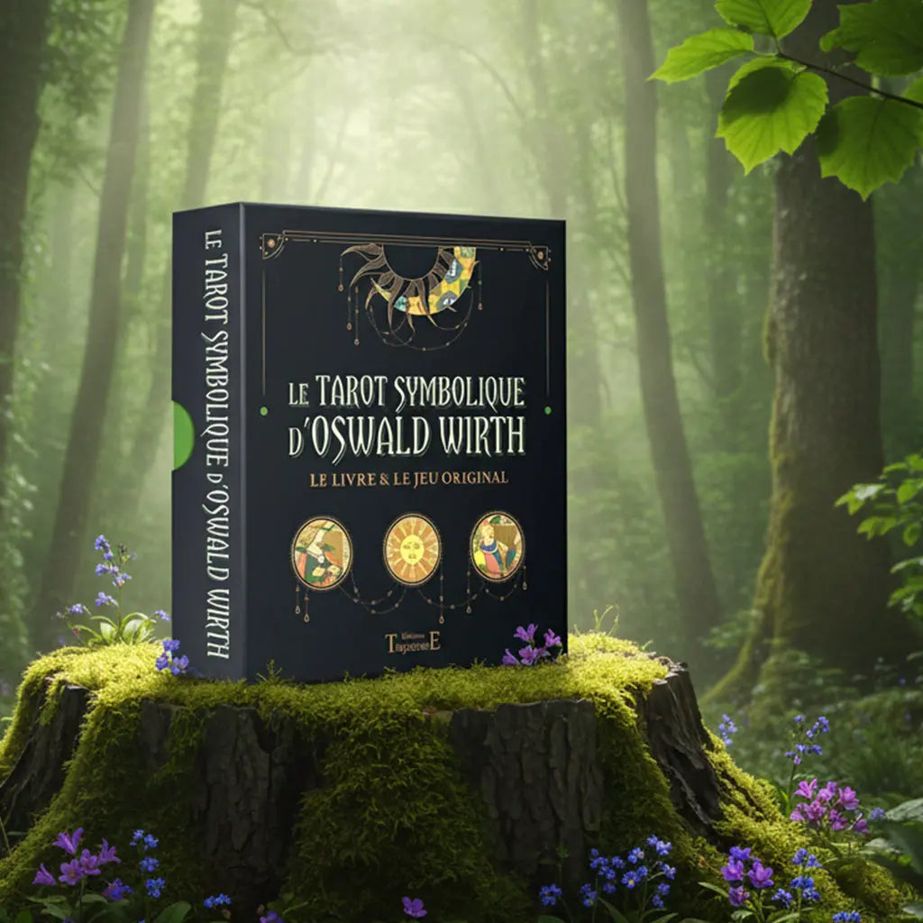 Coffret noir et or Le Tarot Symbolique d'Oswald Wirth posé sur une souche, illustré de trois médaillons d'arcanes et de géométrie dorée mystique.