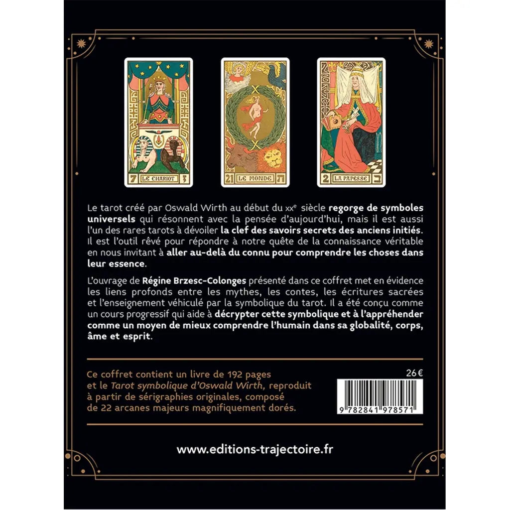 Dos du coffret « Le Tarot symbolique d’Oswald Wirth », avec texte de présentation, trois cartes de tarot et code-barres.