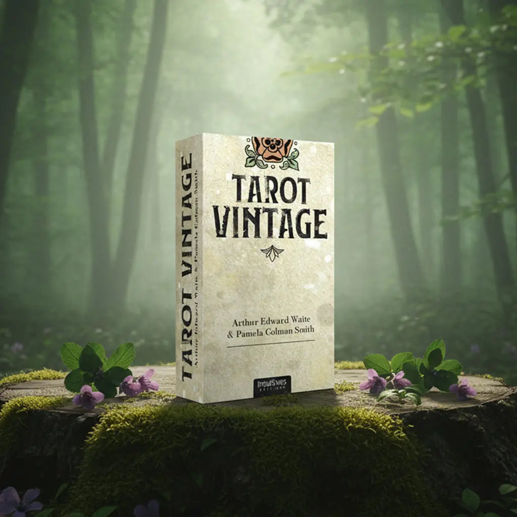 Coffret beige Tarot Vintage posé sur une souche, illustré d'un crâne fleuri et d'une typographie rétro rappelant les affiches du 19ème siècle.
