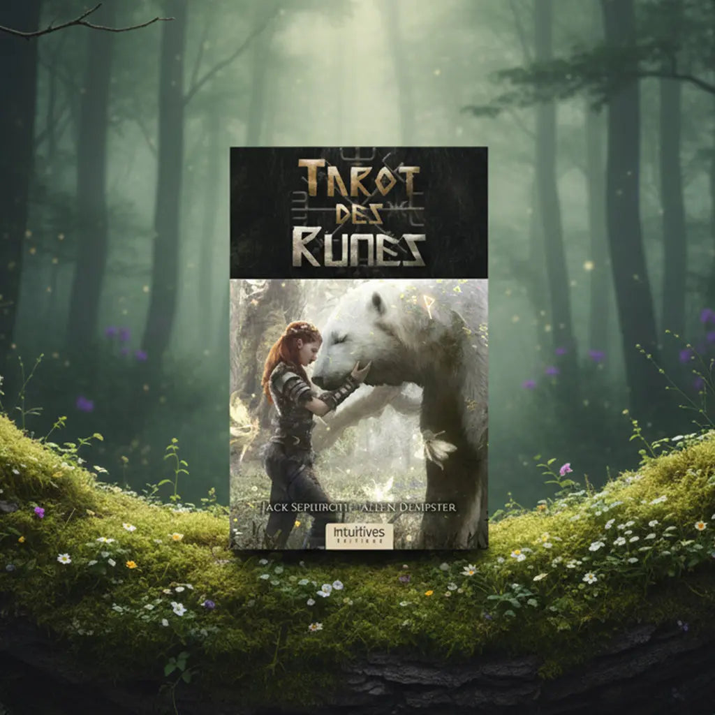 Coffret Tarot des Runes de Jack Sephiroth posé sur une souche, illustré d'une guerrière nordique en communion avec un ours polaire géant.
