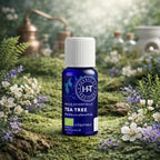 Flacon bleu d'huile essentielle de Tea Tree Herbes et Traditions & Équitable posé sur une mousse forestière parsemée de petites fleurs blanches et mauves.