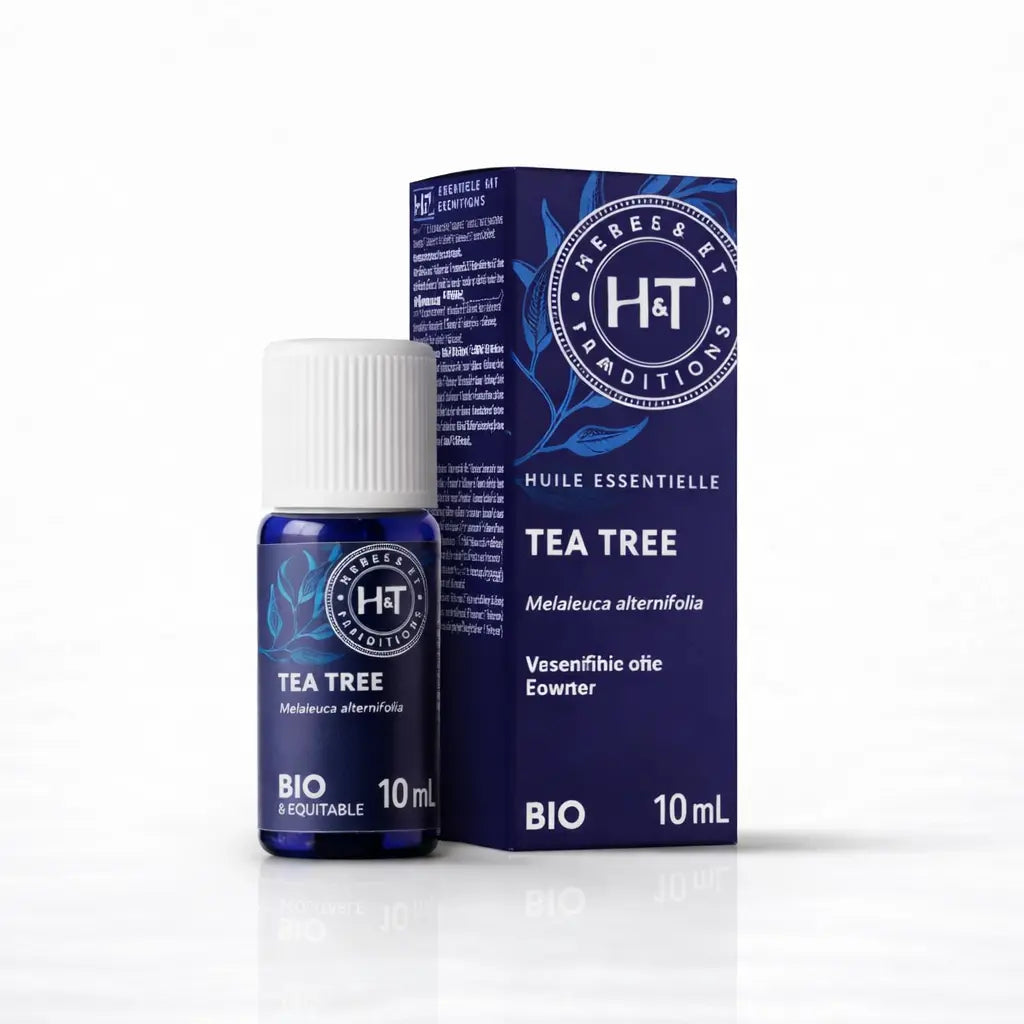 Un flacon de 10 ml d'huile essentielle de tea tree bio et équitable de la marque Herbes & Traditions, accompagné de son étui en carton bleu foncé assorti, présenté sur un fond blanc.