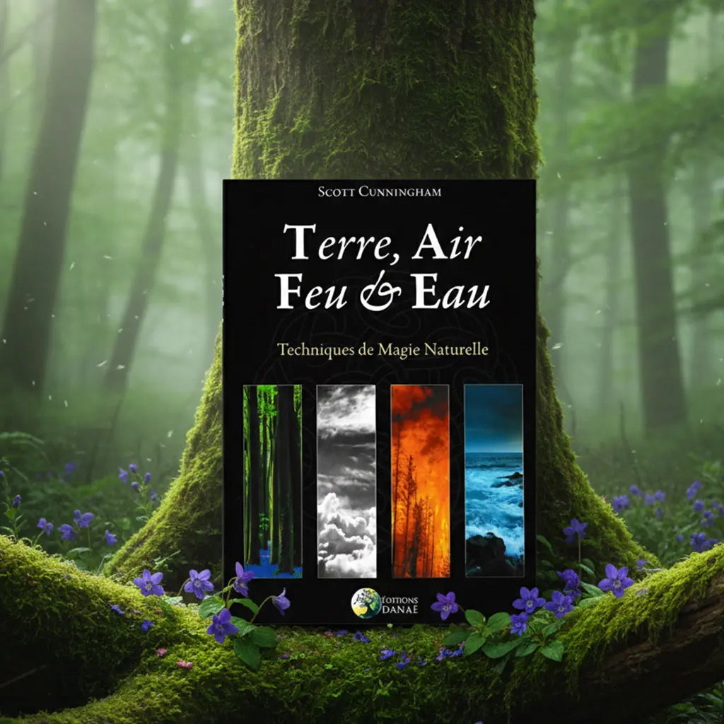 Livre noir Terre, Air, Feu et Eau de Scott Cunningham posé sur une souche, illustré de quatre bandes représentant la forêt, les nuages, le feu et l'océan.