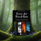 Livre noir Terre, Air, Feu et Eau de Scott Cunningham posé sur une souche, illustré de quatre bandes représentant la forêt, les nuages, le feu et l'océan.