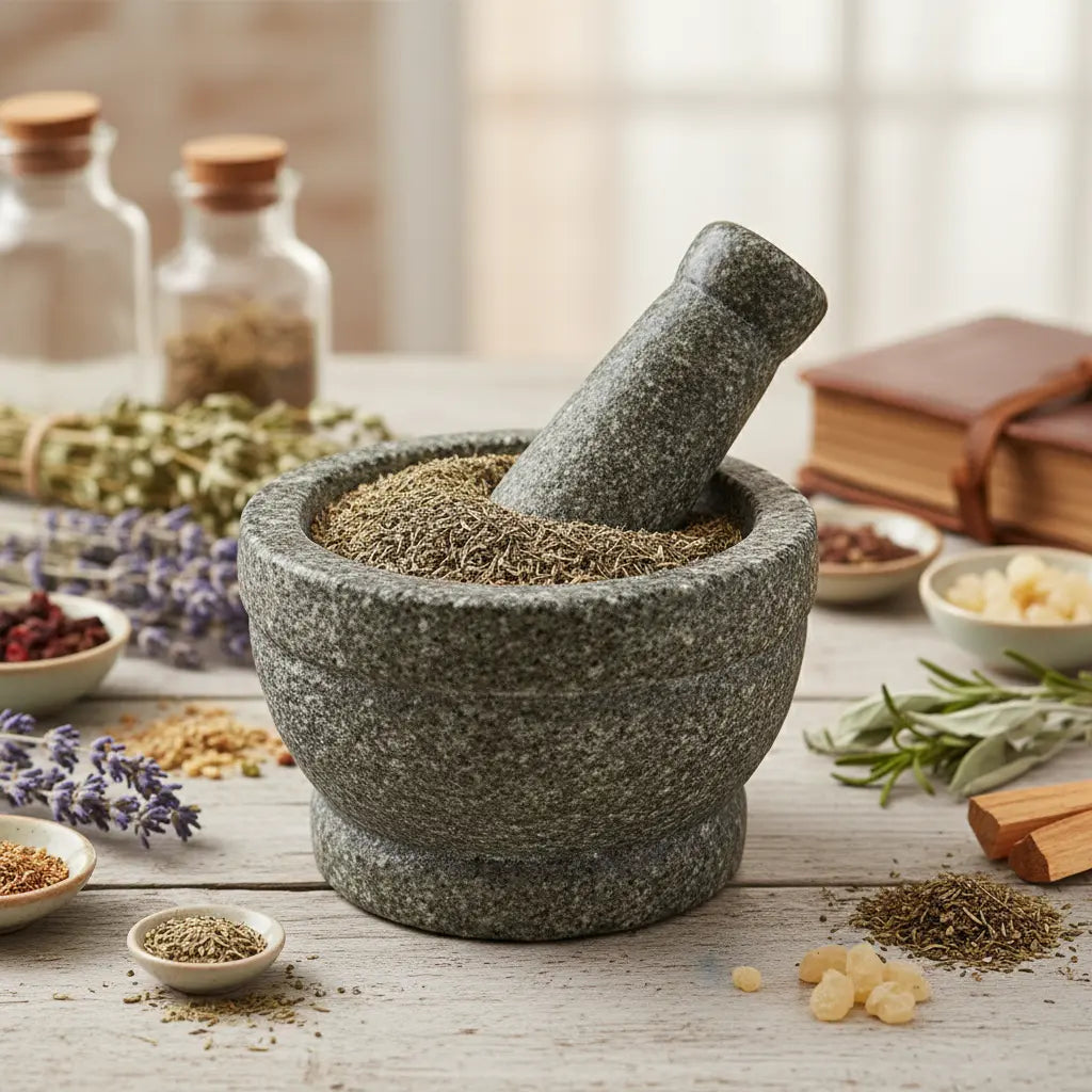 Thym séché en fines brindilles, rempli dans un mortier en pierre grise avec son pilon, posé sur une table d’herboriste entourée de fleurs de lavande, résines et petits bols d’herbes.