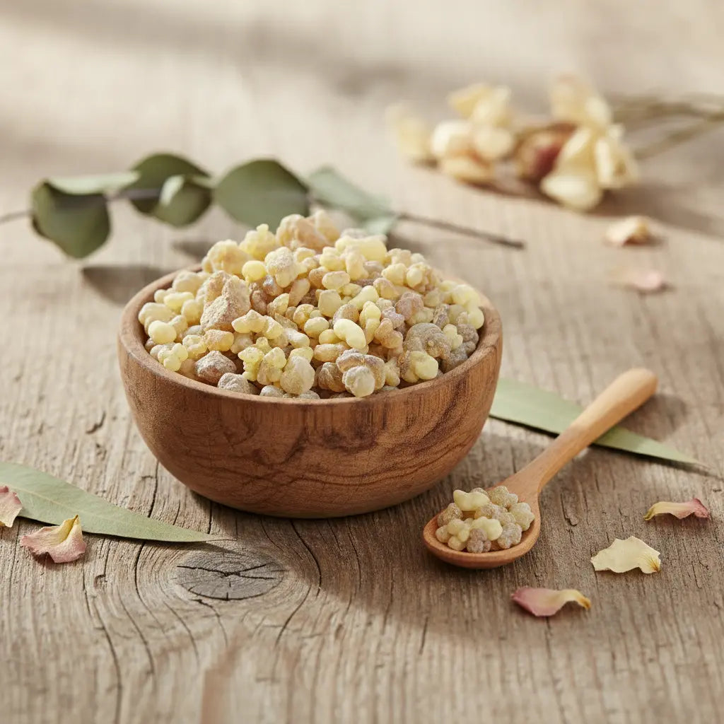 Grains de résine d'Encens Tibétain (couleur blanc cassé et jaune pâle) dans un bol en bois clair avec une cuillère, sur une planche de bois rustique, entouré de feuilles et de pétales.