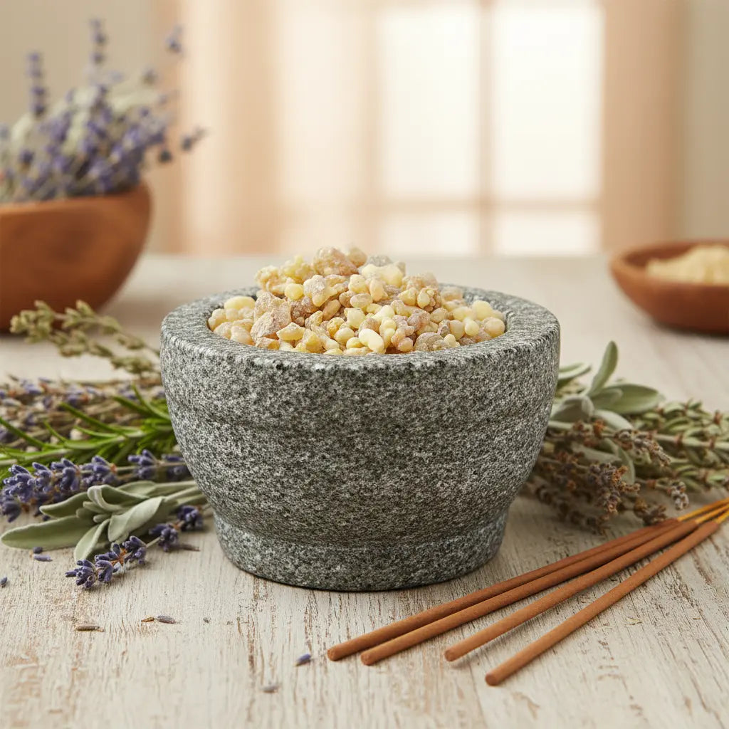 Grains de résine d'Encens Tibétain (couleur blanc et jaune-ambre clair) dans un mortier en granit gris, entouré de brins de lavande, de sauge et de bâtonnets d'encens.