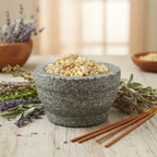 Grains de résine d'Encens Tibétain (couleur blanc et jaune-ambre clair) dans un mortier en granit gris, entouré de brins de lavande, de sauge et de bâtonnets d'encens.