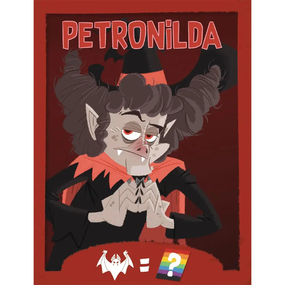 Carte illustrée du jeu Top Witch représentant le personnage de sorcière Petronilda aux traits de vampire, surmontée de son nom et de symboles de jeu en bas.