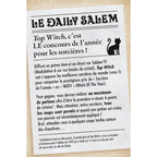 Feuillet de règles du jeu Top Witch présenté sous la forme d'un journal fictif nommé Le Daily Salem, comprenant des paragraphes de texte et la silhouette noire d'un chat.