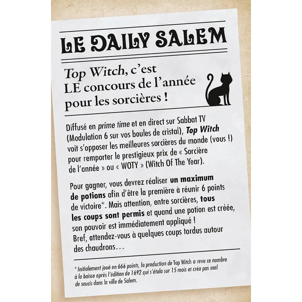 Feuillet de règles du jeu Top Witch présenté sous la forme d'un journal fictif nommé Le Daily Salem, comprenant des paragraphes de texte et la silhouette noire d'un chat.