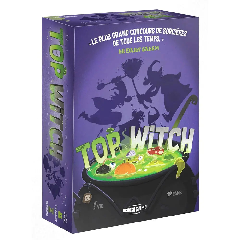 Boîte du jeu de société Top Witch de Heroes Game, illustrée d'un grand chaudron noir rempli d'une potion verte fumante avec des ingrédients magiques, surmonté par les silhouettes de sorcières s'agitant sur un fond violet.