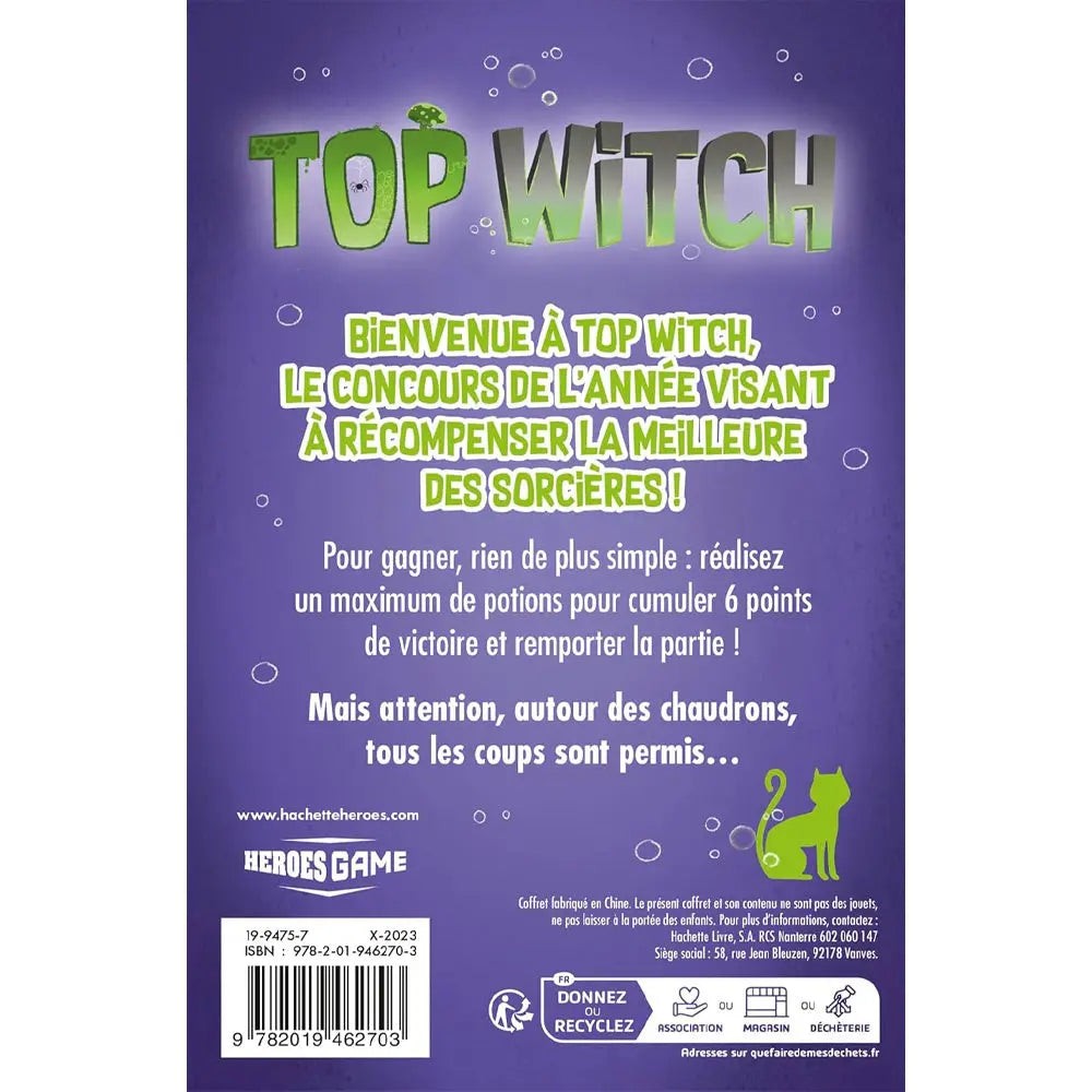 Dos de la boîte du jeu Top Witch, présentant les règles textuelles sur fond violet avec des bulles, le logo de l'éditeur et la silhouette d'un chat vert.