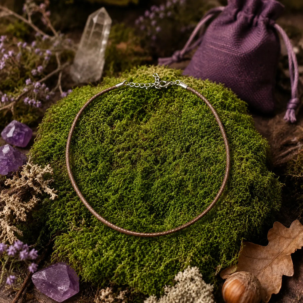 Cordon de tour de cou marron avec fermoir argenté disposé en cercle sur un lit de mousse verte, entouré de cristaux de quartz, de pierres violettes, d'une bourse en tissu violet et d'éléments naturels de sous-bois.