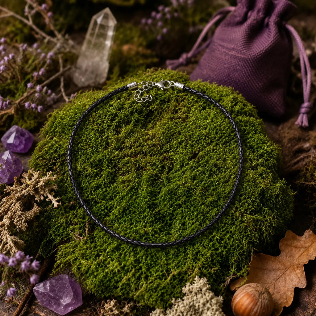 Cordon de tour de cou noir tressé avec un fermoir argenté, disposé en cercle sur un monticule de mousse verte et entouré de cristaux de quartz, de pierres violettes, d'une petite bourse en tissu violet et d'éléments de sous-bois.