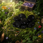 Galets plats de tourmaline noire polie d'un noir profond et brillant, disposés sur de la mousse forestière verdoyante avec un coffre mystique en arrière-plan.