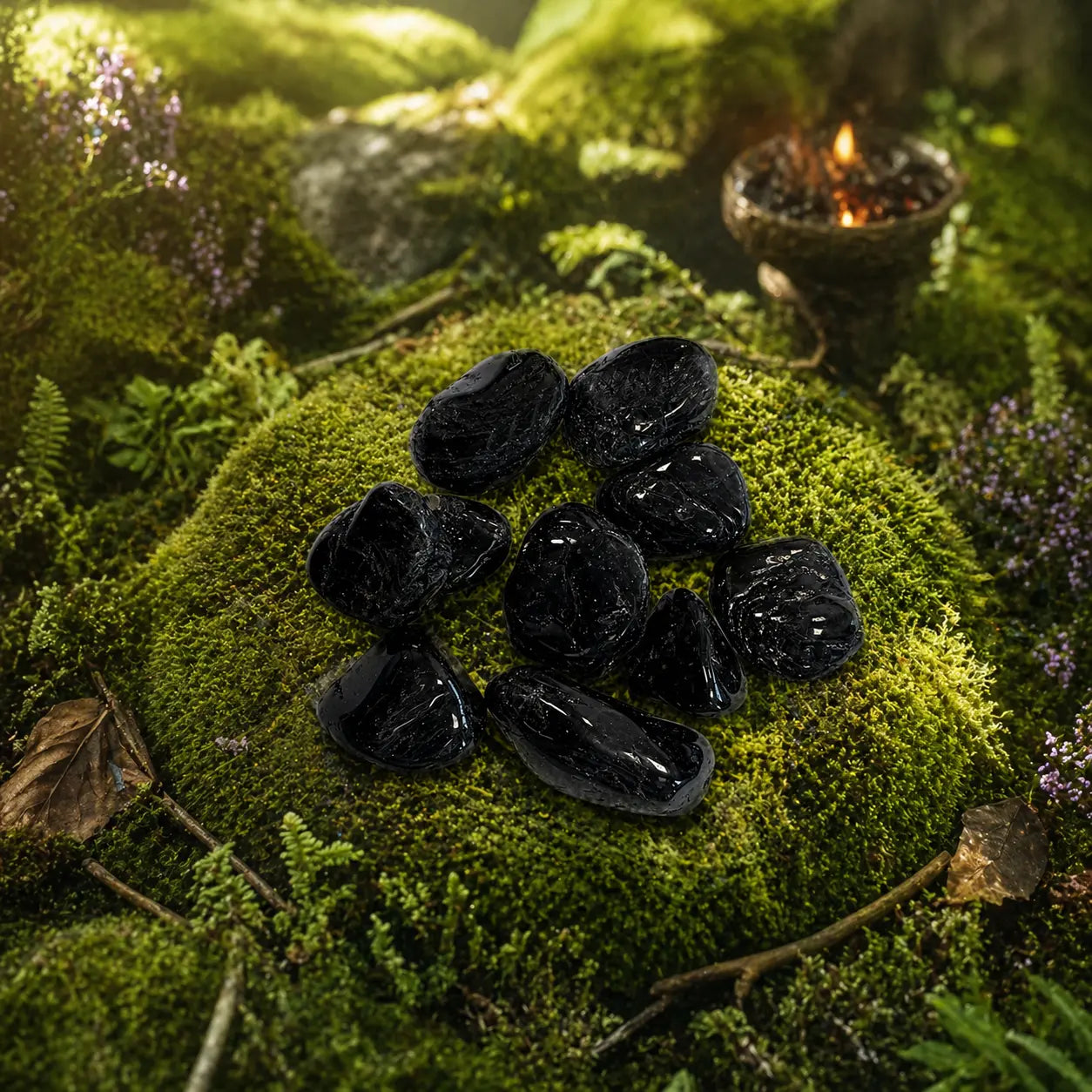 Pierres roulées de tourmaline noire polies et brillantes, disposées sur un dôme de mousse forestière sous une lumière mystique avec un encensoir fumant.