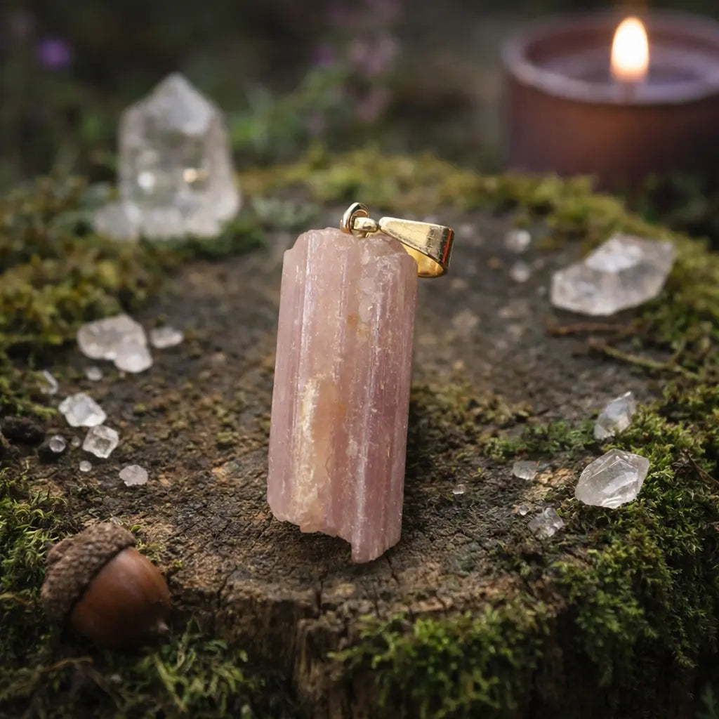Pendentif en tourmaline rose brute de forme allongée et striée, monté sur une bélière dorée, posé sur une souche moussue avec une bougie en arrière-plan.