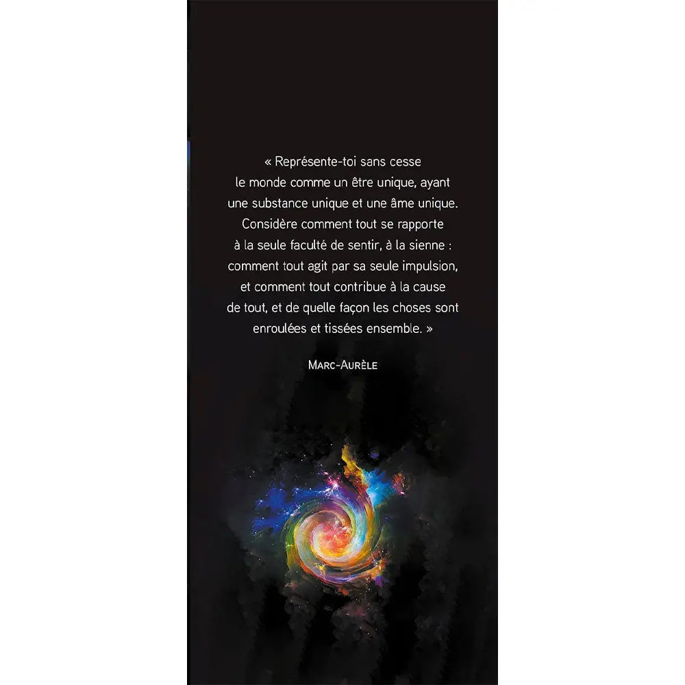 Citation de Marc-Aurèle sur l'unité du monde, extraite du livre "Tout est relié" sur fond de galaxie colorée.