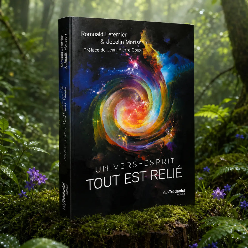 Livre Univers-Esprit Tout est Relié de Romuald Leterrier et Jocelin Morisson posé sur une souche moussue, illustré d'une spirale galactique colorée.