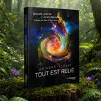 Livre Univers-Esprit Tout est Relié de Romuald Leterrier et Jocelin Morisson posé sur une souche moussue, illustré d'une spirale galactique colorée.