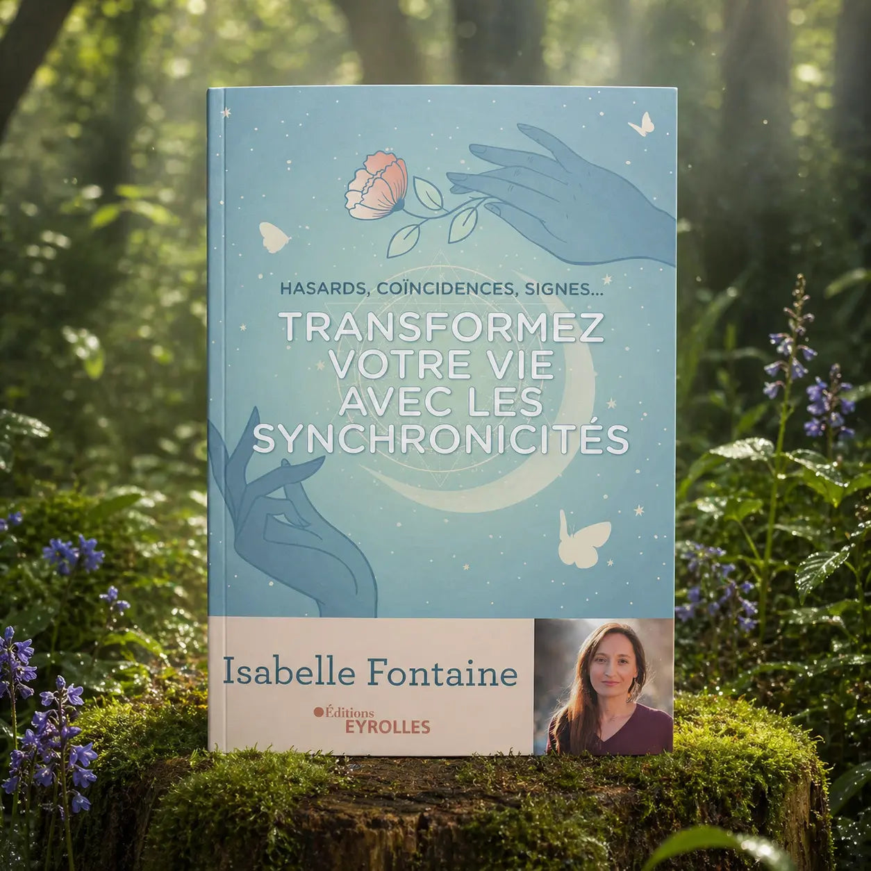Livre bleu Transformez Votre Vie avec les Synchronicités d'Isabelle Fontaine sur une souche, illustré par des mains célestes, une lune et des papillons.