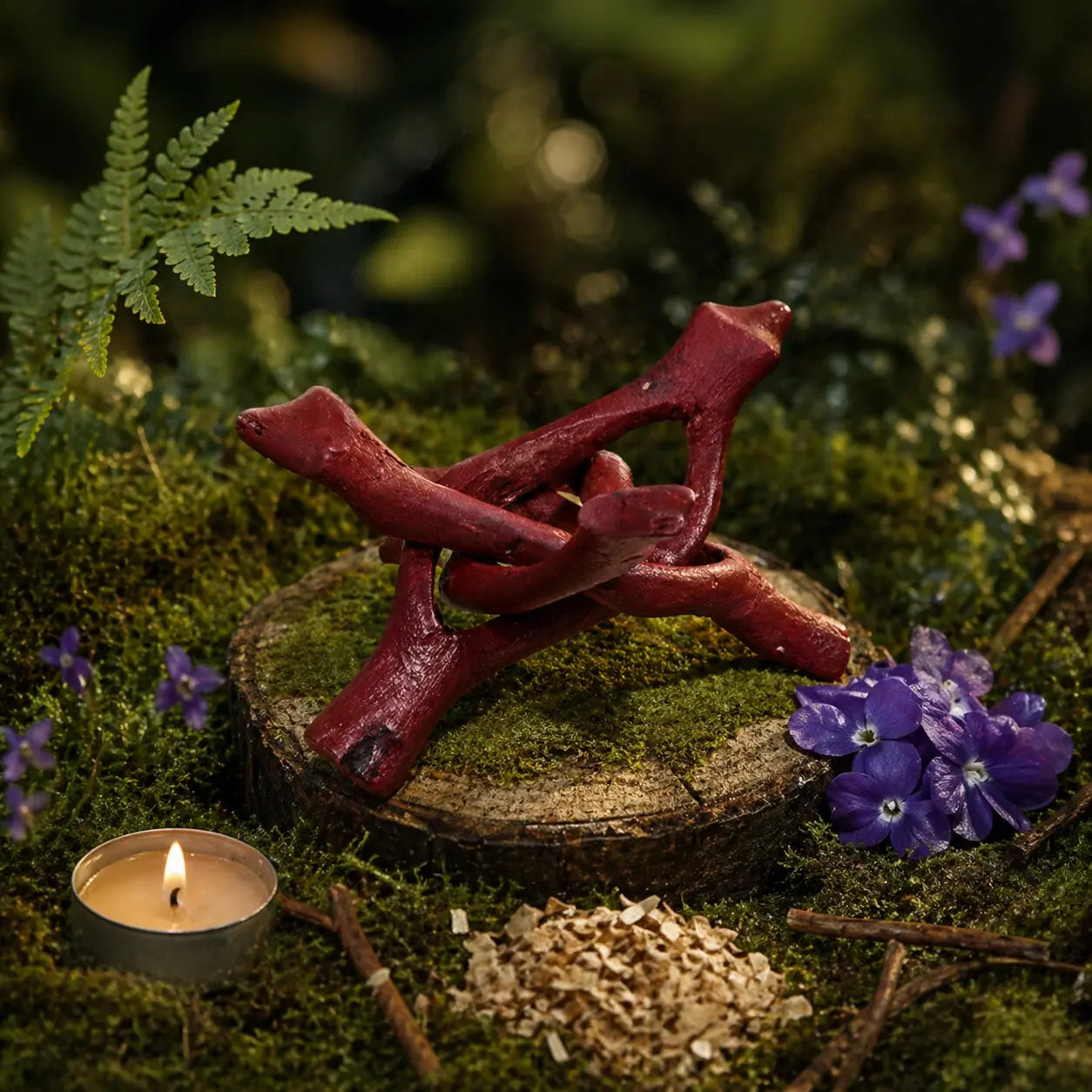 Trépied en bois sculpté d'une teinte rouge sombre reposant sur une souche de bois moussue, entouré d'une bougie allumée et de fleurs violettes sauvages.