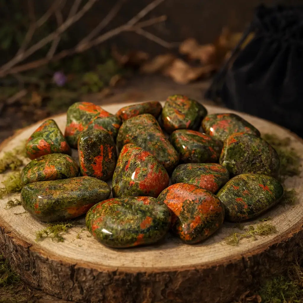 Pierres roulées d'Unakite aux nuances vert mousse et rose corail, disposées sur un socle de bois brut entouré de mousse naturelle dans une ambiance de sous-bois mystique.