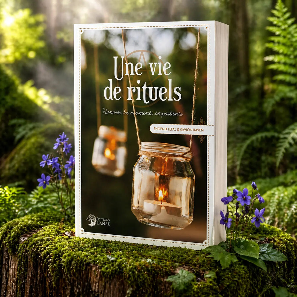 Livre Une Vie de Rituels de Phoenix LeFae et Gwion Raven posé sur une souche moussue, illustré par des photophores en verre suspendus avec des bougies allumées.
