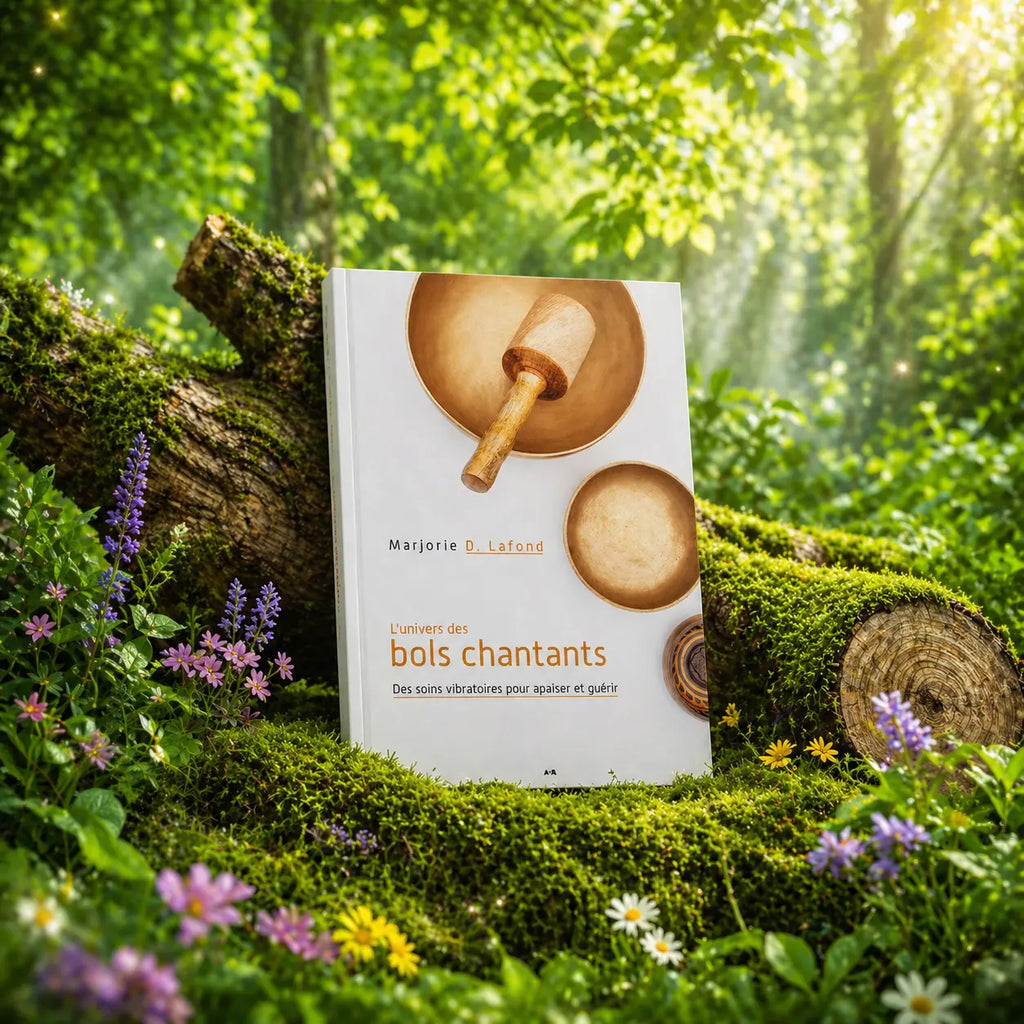 Livre L'Univers des Bols Chantants de Marjorie Dumoulin-Lafond posé sur un lit de mousse, illustré d'un bol tibétain doré entouré de fleurs de lotus et de symboles vibratoires.
