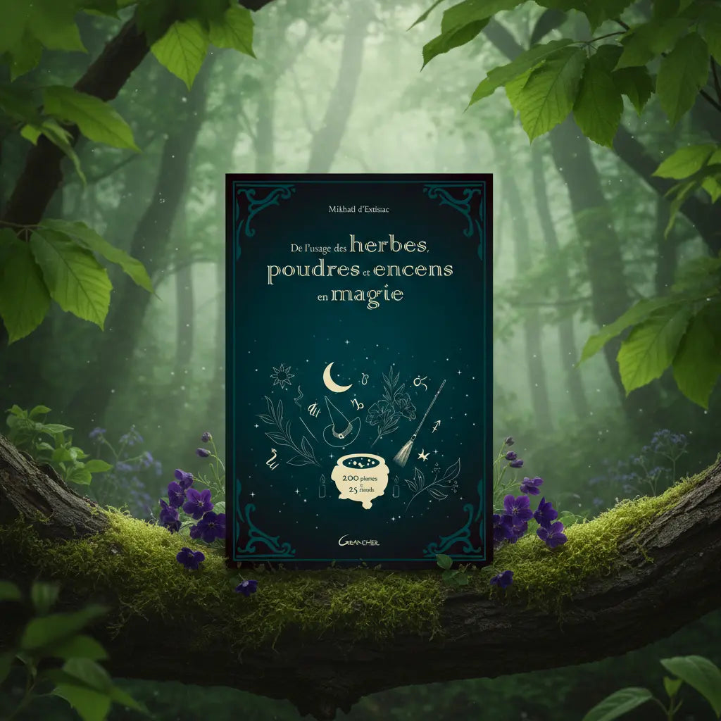 Livre vert sombre De l'Usage des Herbes, Poudres et Encens en Magie de Mikhaël d'Estissac posé sur une souche, illustré d'un chaudron et de plantes.