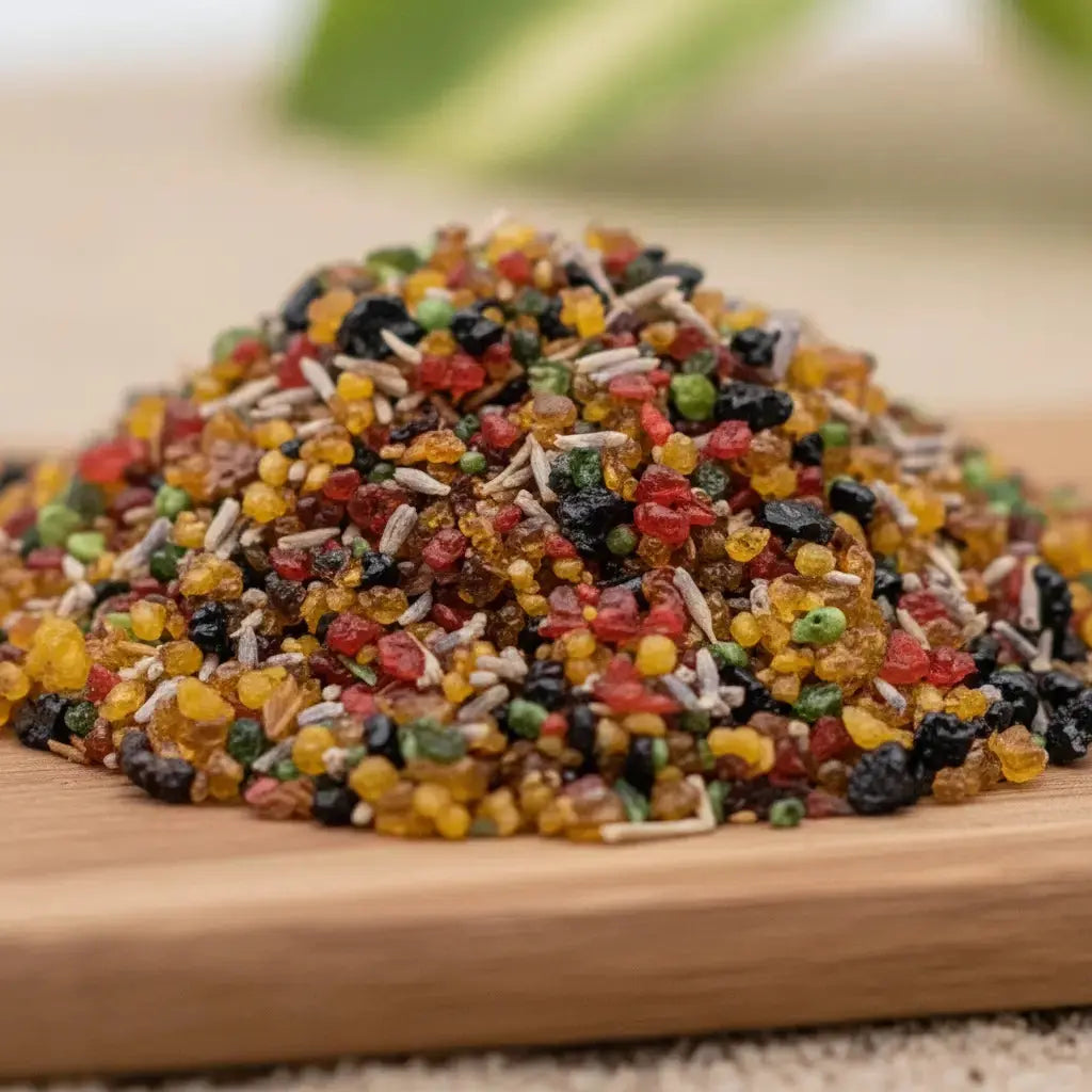 Gros plan sur des grains d’encens Vatican multicolores mélangés à des éclats d’herbes sur planche en bois.