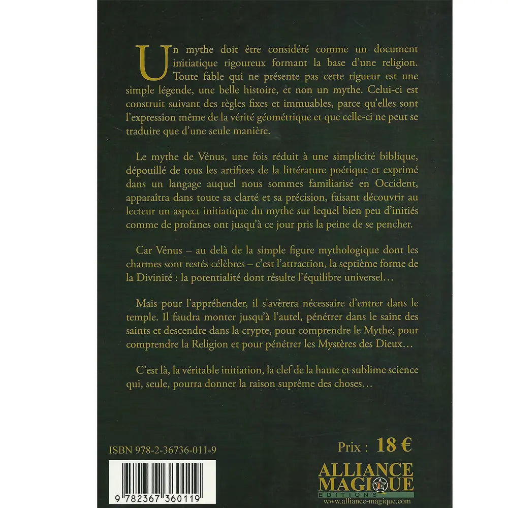 Quatrième de couverture du livre "Vénus" de P.V. Piobb avec résumé sur le mythe et l'initiation.
