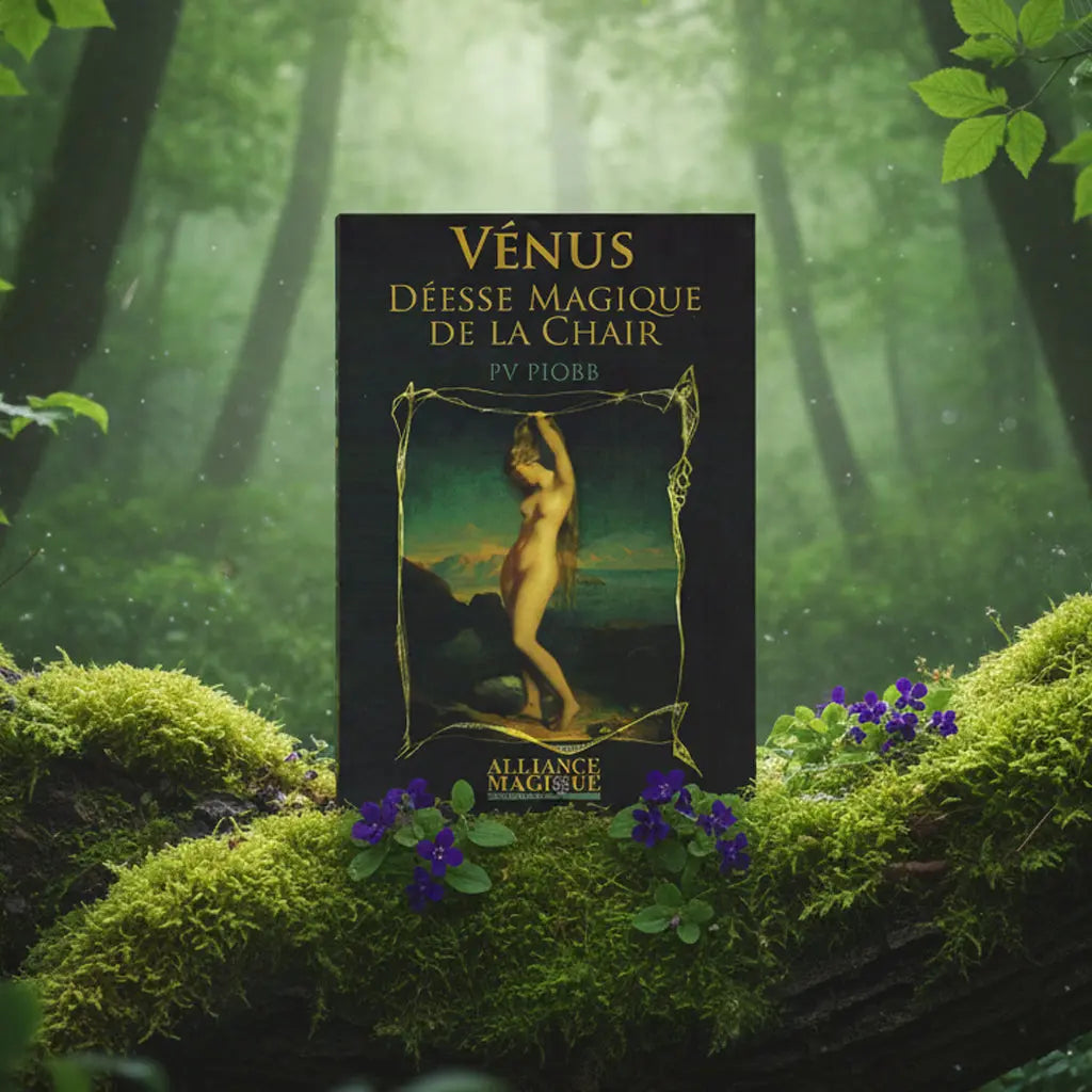 Livre noir Vénus - Déesse Magique de la Chair de P.V. Piobb posé sur une branche moussue, illustré par une peinture classique de la déesse Vénus dans un cadre doré.