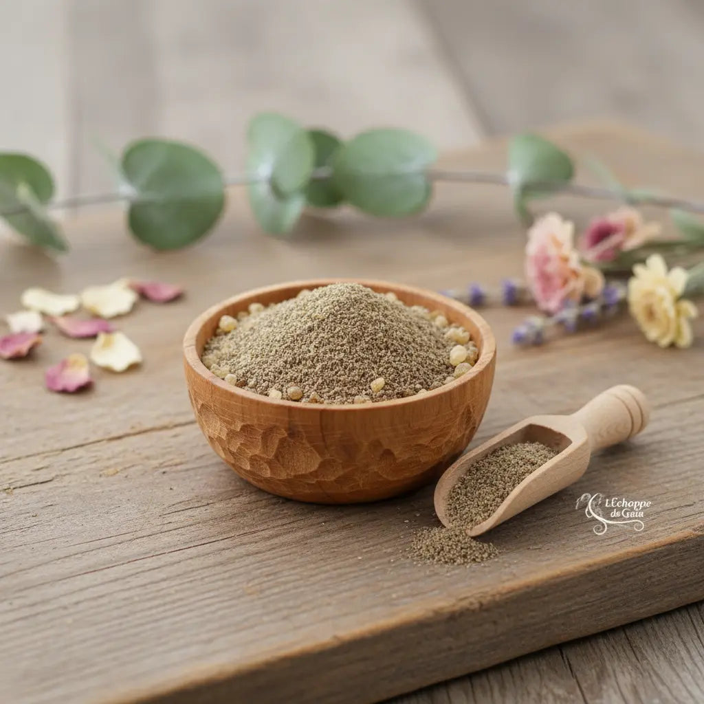 Coupelle en bois remplie de poudre d’encens Vénus beige avec petite pelle, sur table en bois décorée de fleurs séchées.