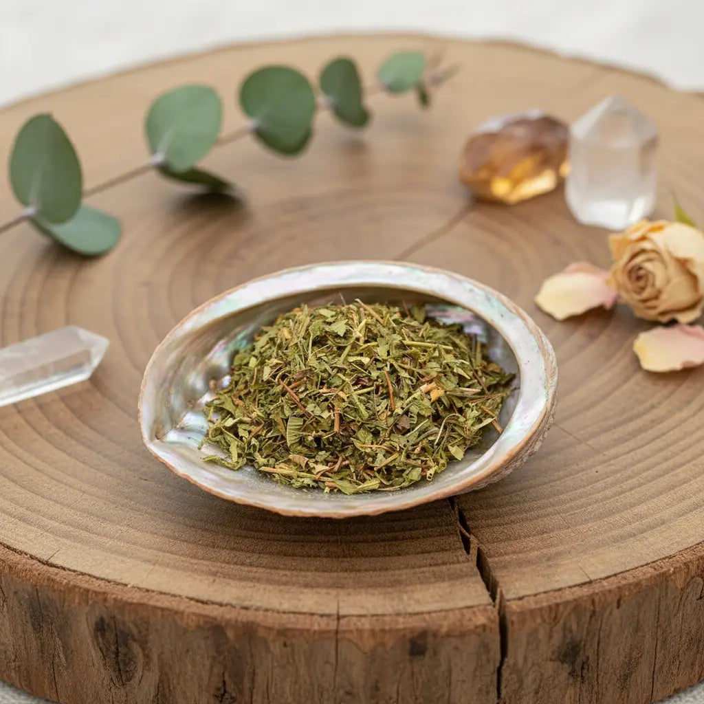 Coupelle en nacre remplie de verveine citronnée séchée, posée sur une tranche de bois, entourée de feuilles d’eucalyptus, cristaux et rose séchée.