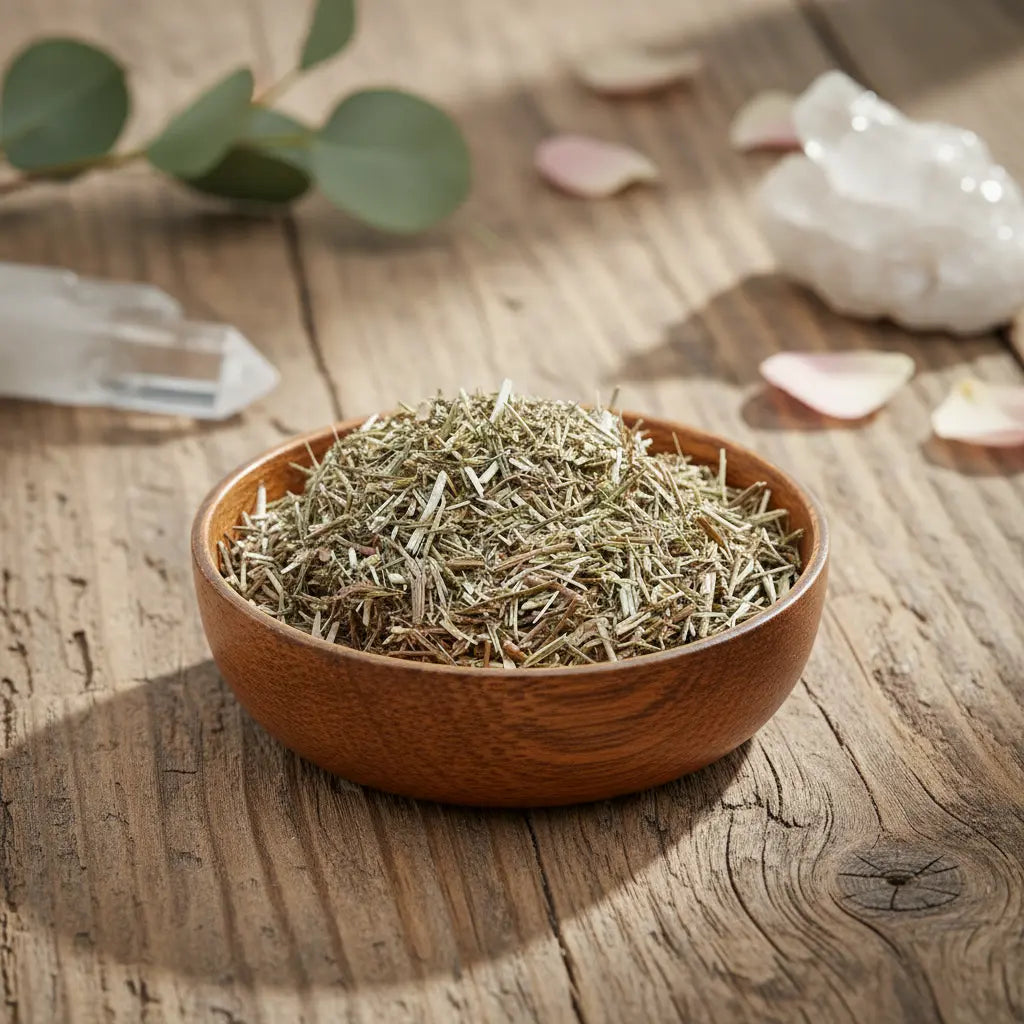 Petite coupelle en bois remplie de fins bâtonnets de verveine séchée, posée sur une table en bois avec pétales et cristaux flous en arrière-plan.