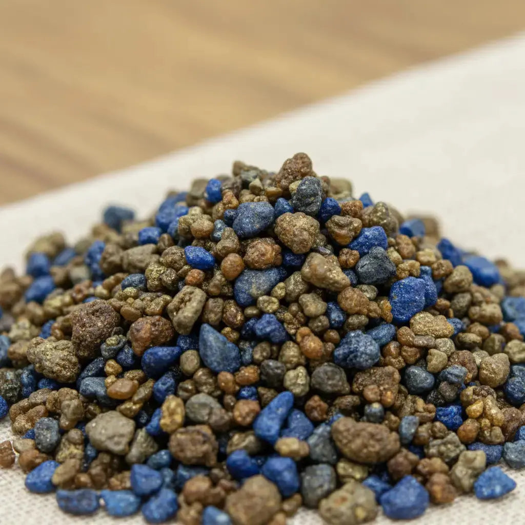 Gros plan sur un monticule de grains d'encens de résine Vierge Noire, montrant des morceaux bleu foncé et des grains brun-terreux irréguliers.