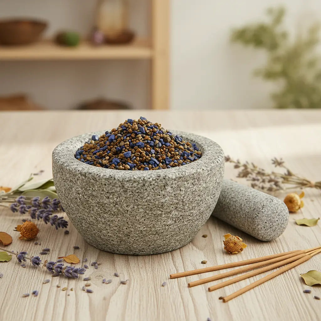 Grains d'encens de résine Vierge Noire (bleu foncé et brun) dans un mortier en granit gris, entouré de brins de lavande séchée et de bâtonnets d'encens.