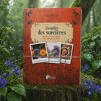Couverture du livre Vivendier des Sorcières de Xenia Vetsera, présentant un aspect cuir vieilli orange avec trois photos de type polaroïd illustrant des recettes, des minéraux et des infusions.