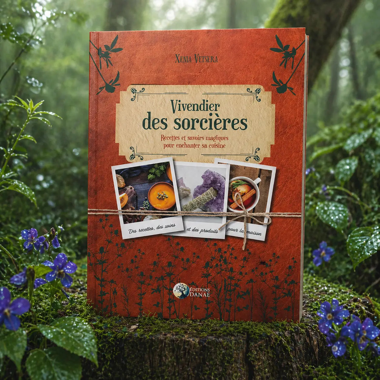 Couverture du livre Vivendier des Sorcières de Xenia Vetsera, présentant un aspect cuir vieilli orange avec trois photos de type polaroïd illustrant des recettes, des minéraux et des infusions.