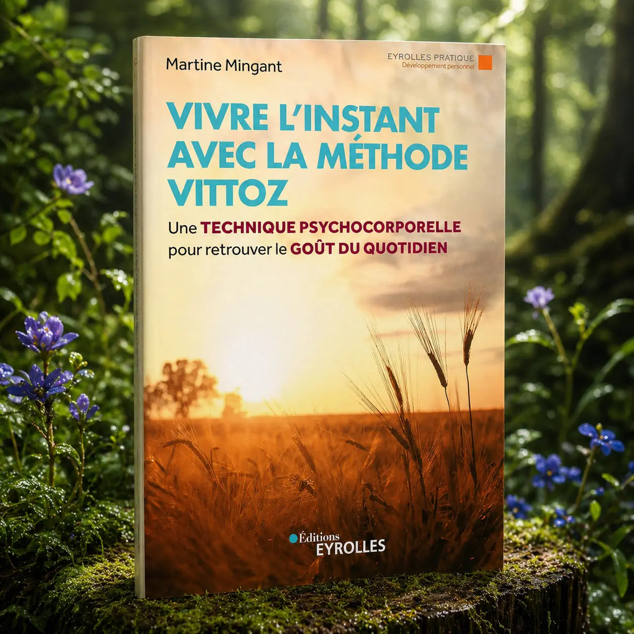 Livre Vivre l'Instant avec la Méthode Vittoz de Martine Mingant, illustré par un champ de blé doré au coucher du soleil.