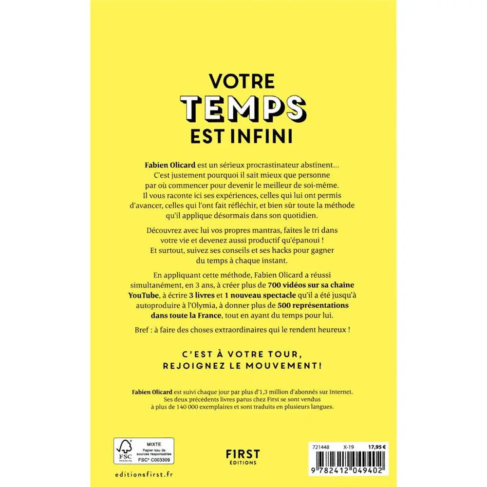 Quatrième de couverture du livre "Votre temps est infini" de Fabien Olicard sur fond jaune.