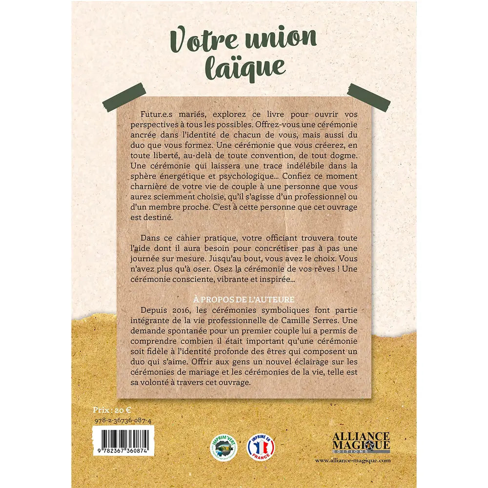 Quatrième de couverture du livre "Votre union laïque" avec résumé du guide et biographie de Camille Serres.