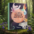 Livre Votre Animal Spirituel de Dina Saalisi posé sur une souche moussue, illustré d'une lune rousse entourée d'un chat noir, d'un loup, d'un renard et d'un colibri multicolore.