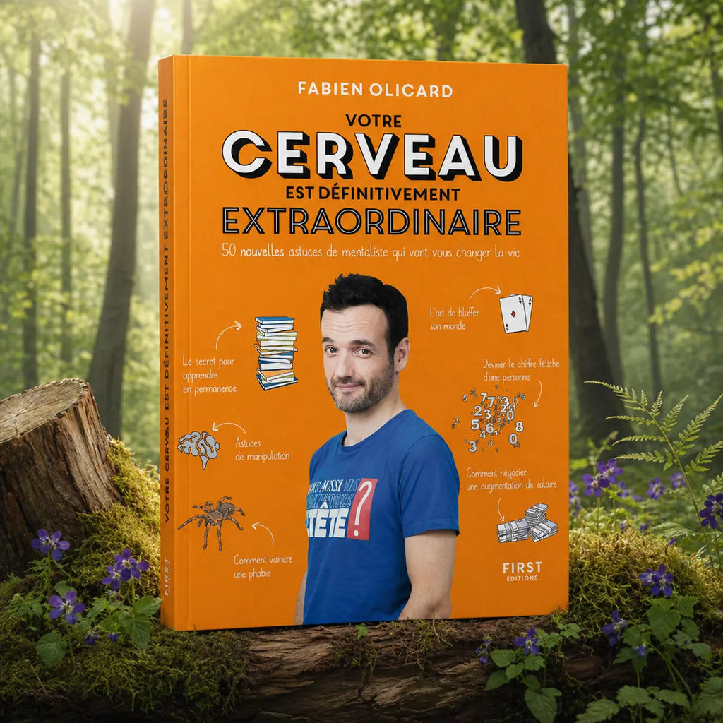 Livre Votre Cerveau est Définitivement Extraordinaire de Fabien Olicard posé sur une souche moussue, illustré de l'auteur tenant un smartphone et entouré de symboles de calcul et de mentalisme.