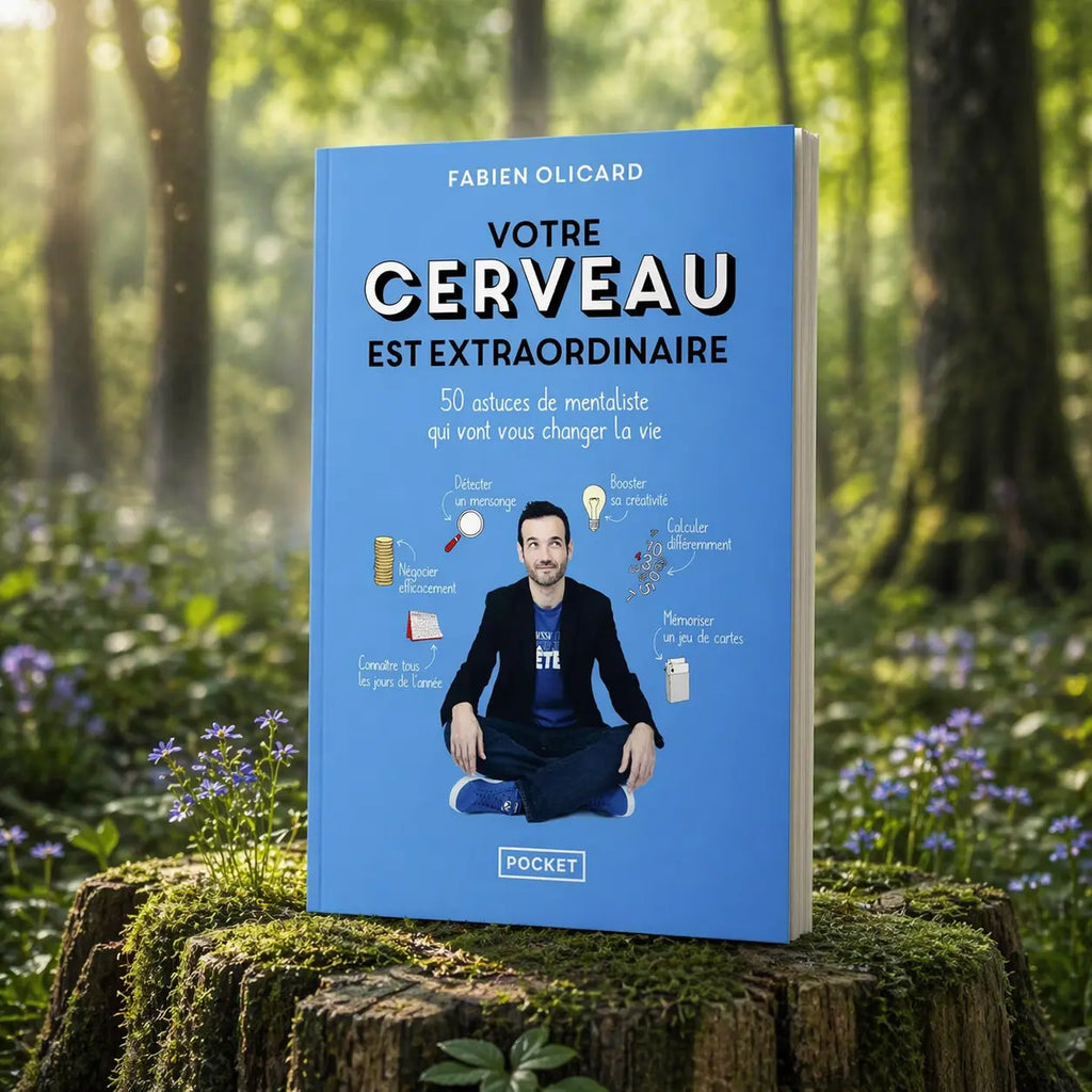 Livre bleu "Votre Cerveau est Extraordinaire" de Fabien Olicard posé sur une souche d'arbre moussue en forêt, illustré de pictogrammes sur la mémoire et la créativité.