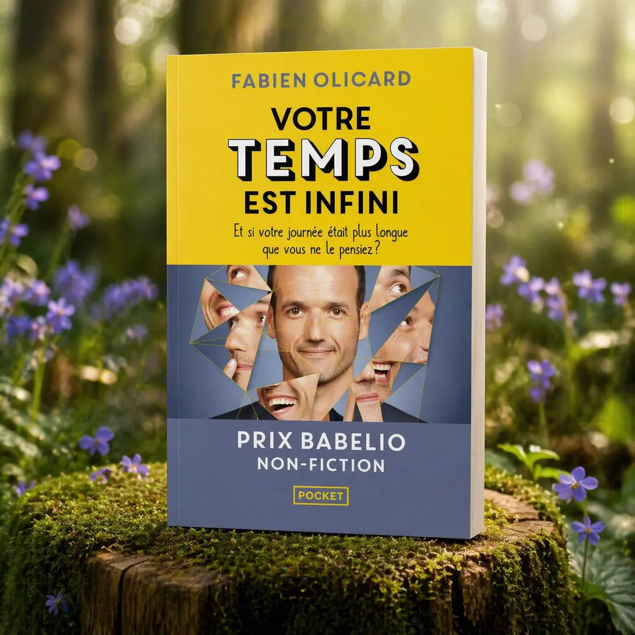 Livre Votre Temps est Infini de Fabien Olicard posé sur une souche moussue en forêt, présentant un portrait mosaïque de l'auteur sur fond jaune et bleu.