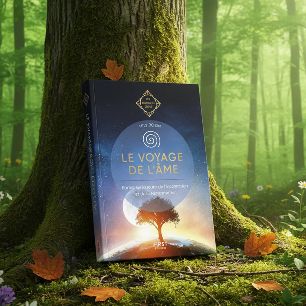 Livre Le Voyage de l'Âme de Mily Robin posé au pied d'un arbre en forêt, couverture illustrée d'un arbre de vie et d'une spirale cosmique sur fond de ciel étoilé.